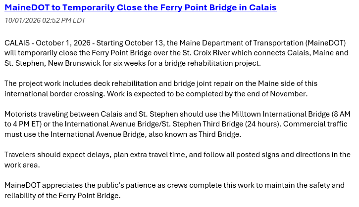 MaineDOT to Temporarily Close the Ferry Point Bridge in Calais